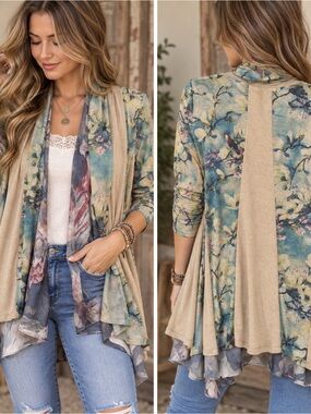 Soft Surroundings Tea Garden Topper Cardigan L Floral Bird Boho Lagenlook